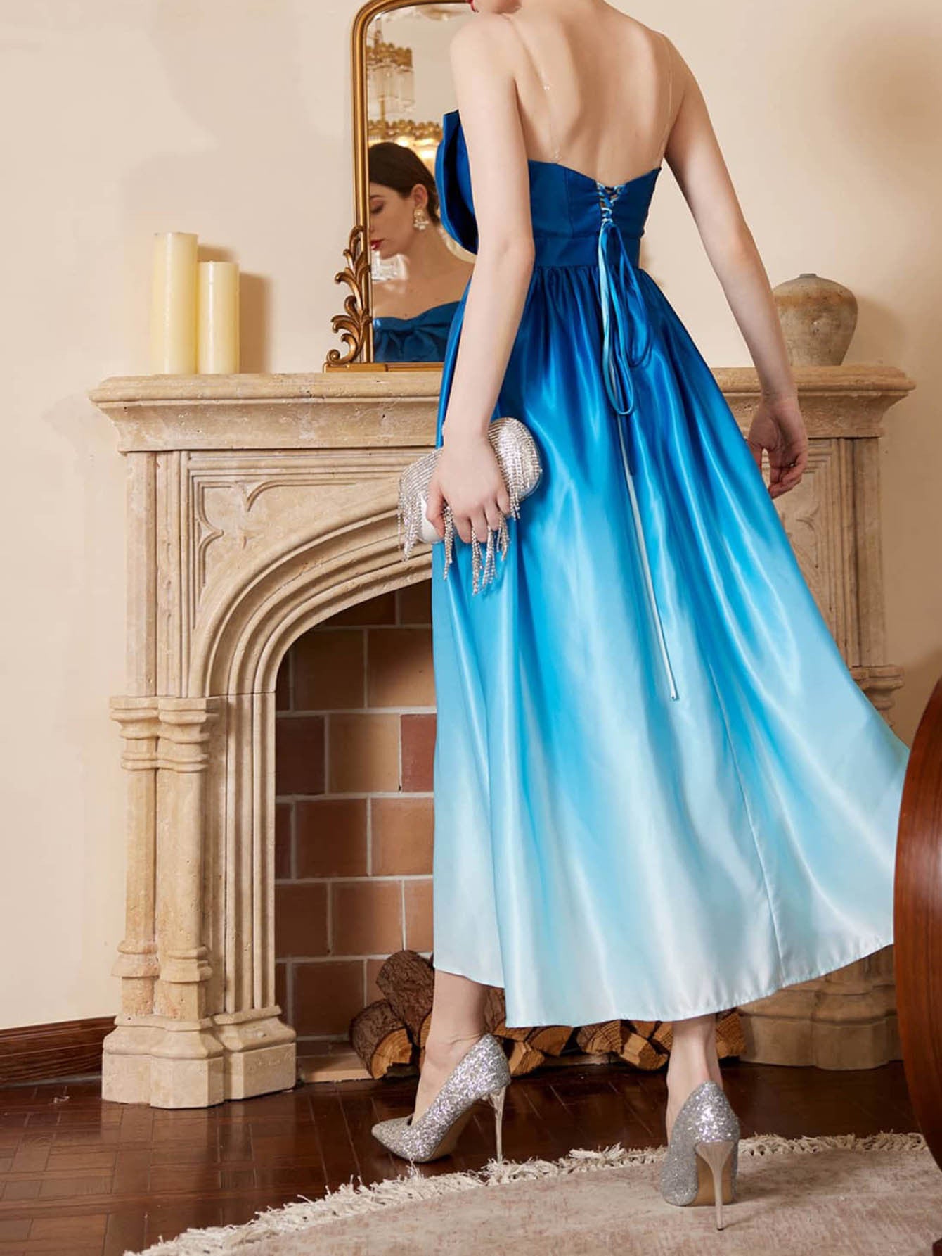 Strapless Gradient Satin Midi Dress with Bow Detail