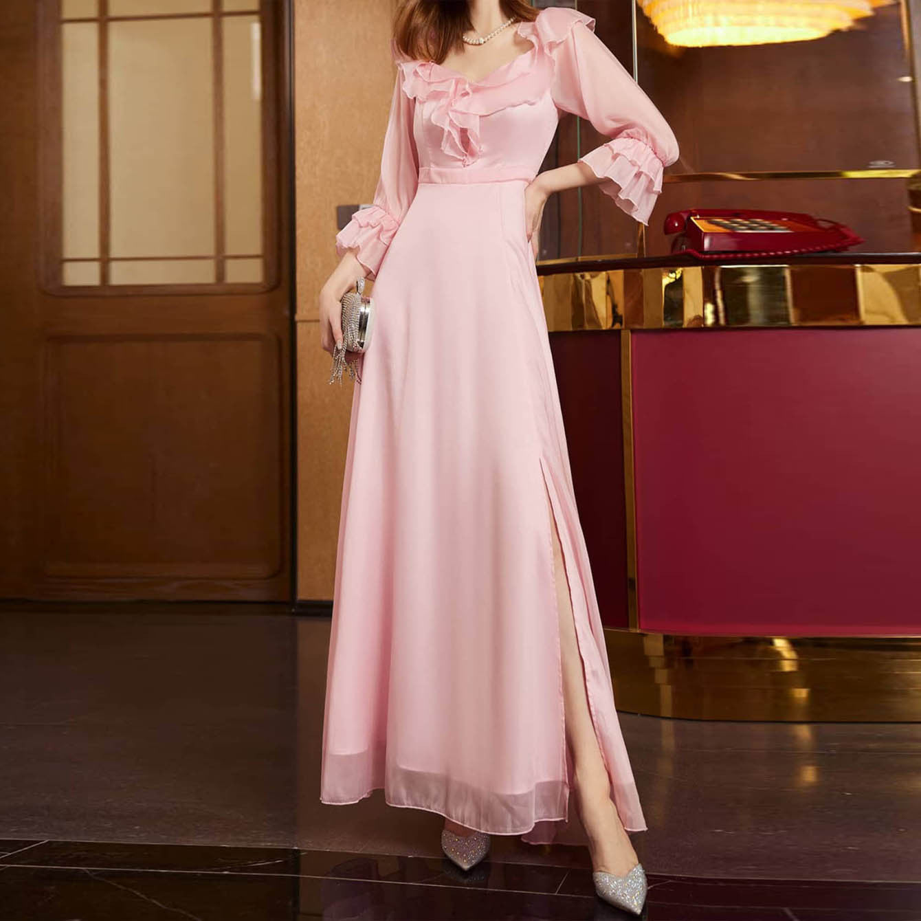 A-Line Maxi Dress with Ruffled Bodice, Sheer Sleeves, and Slit