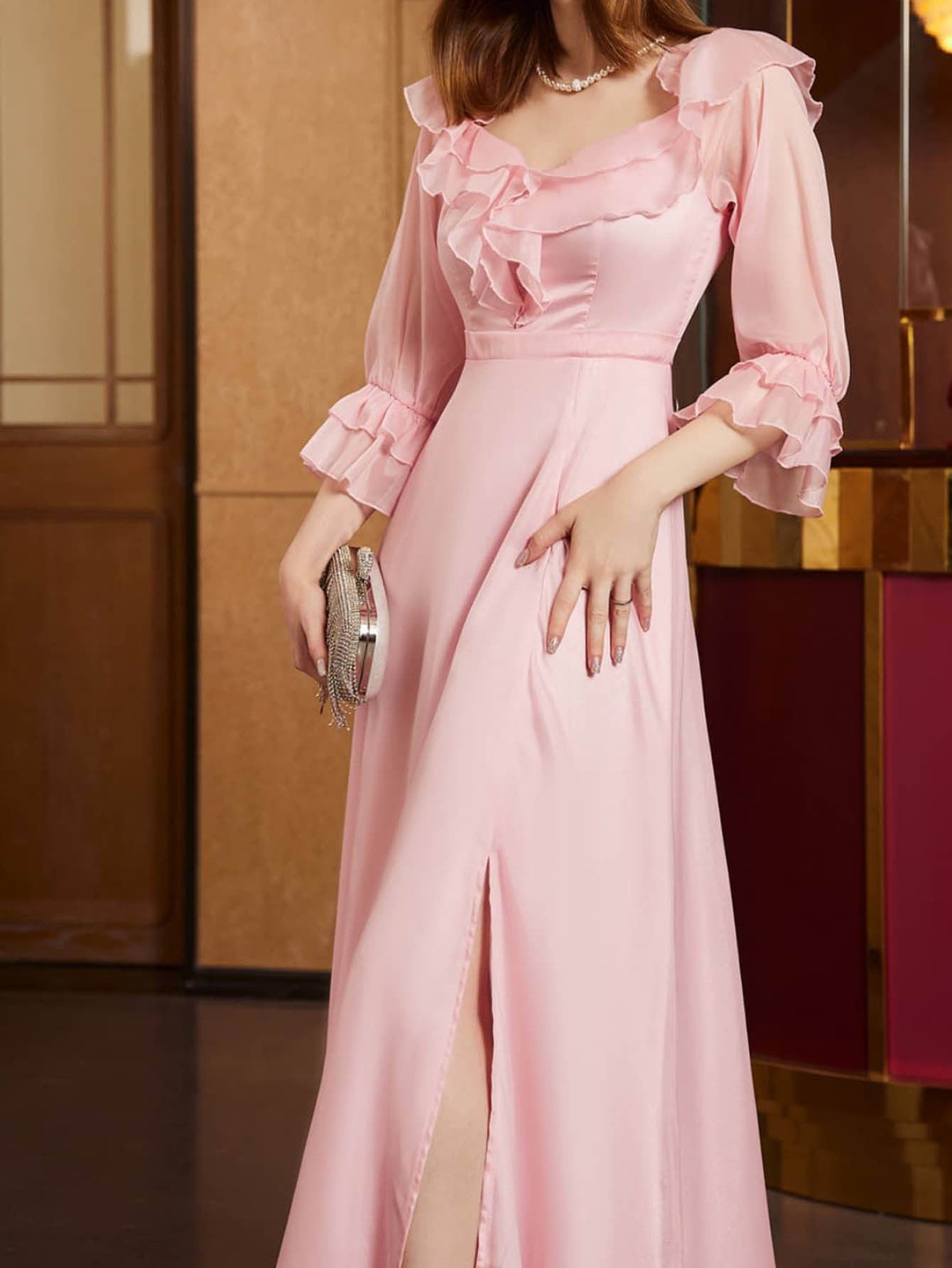 A-Line Maxi Dress with Ruffled Bodice, Sheer Sleeves, and Slit