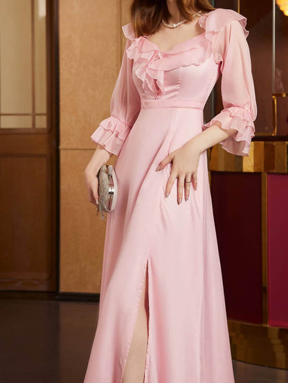 A-Line Maxi Dress with Ruffled Bodice, Sheer Sleeves, and Slit
