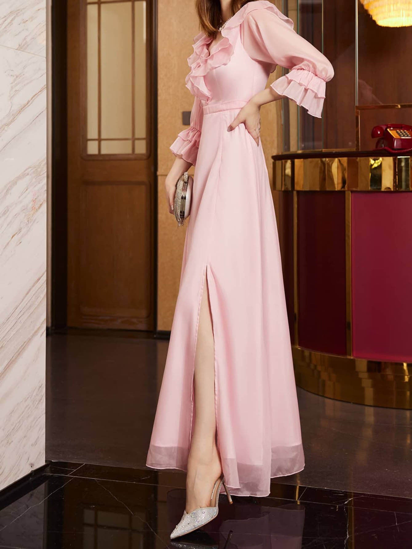 A-Line Maxi Dress with Ruffled Bodice, Sheer Sleeves, and Slit