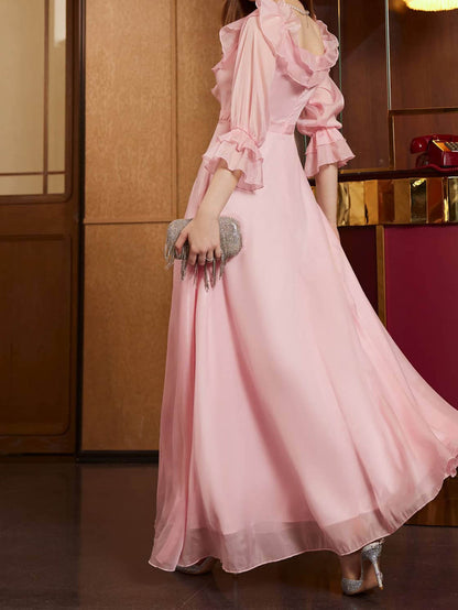 A-Line Maxi Dress with Ruffled Bodice, Sheer Sleeves, and Slit