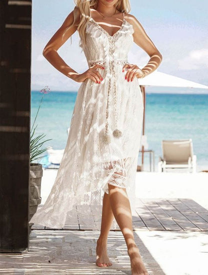 Lace Cami Dress with V-Neck and Asymmetrical Hem