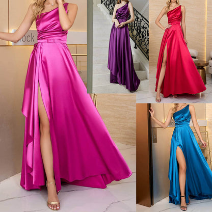 One-Shoulder Maxi Gown with Belted Waist and Slit
