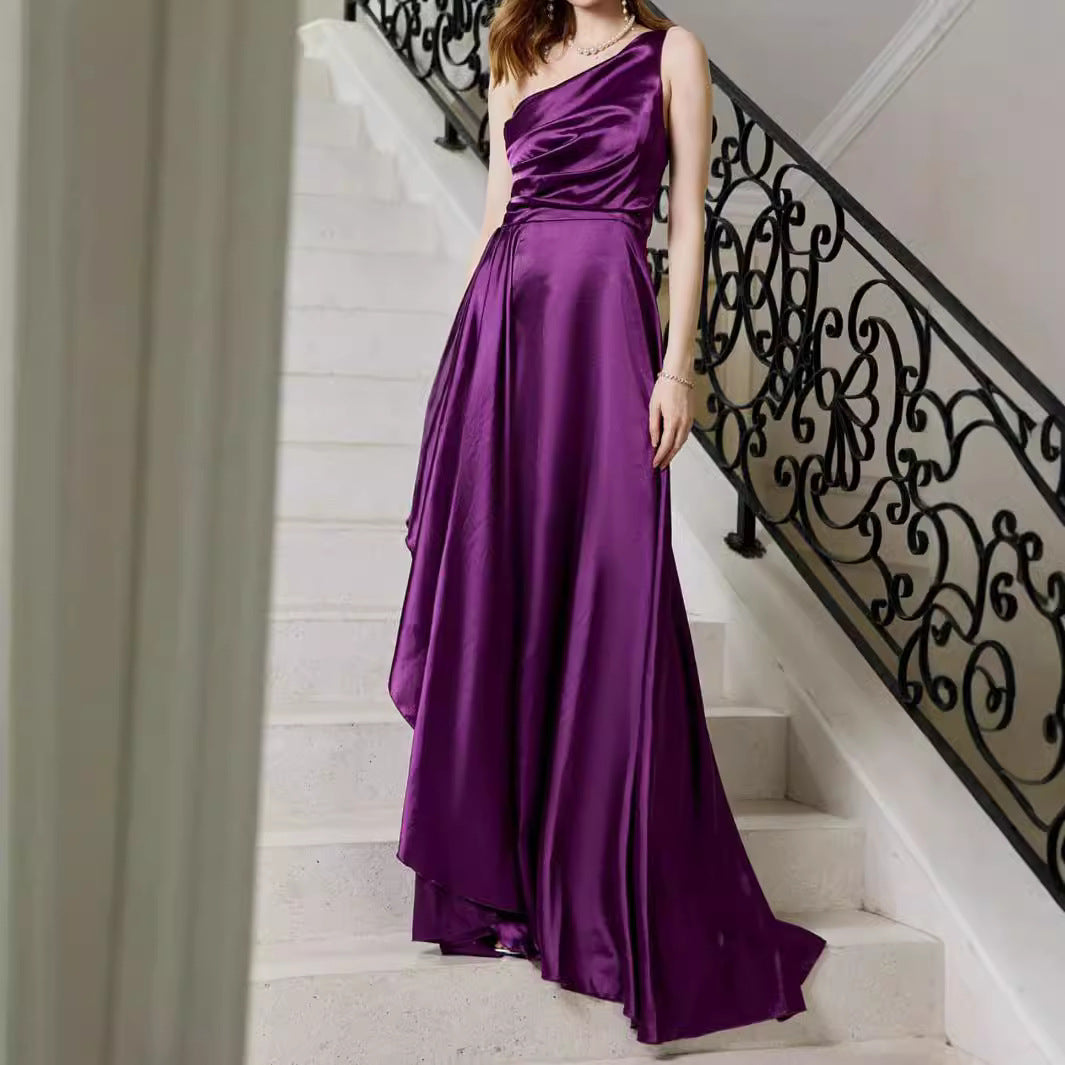 One-Shoulder Maxi Gown with Belted Waist and Slit