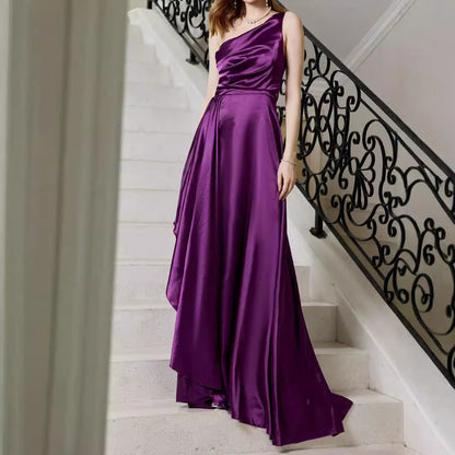 One-Shoulder Maxi Gown with Belted Waist and Slit