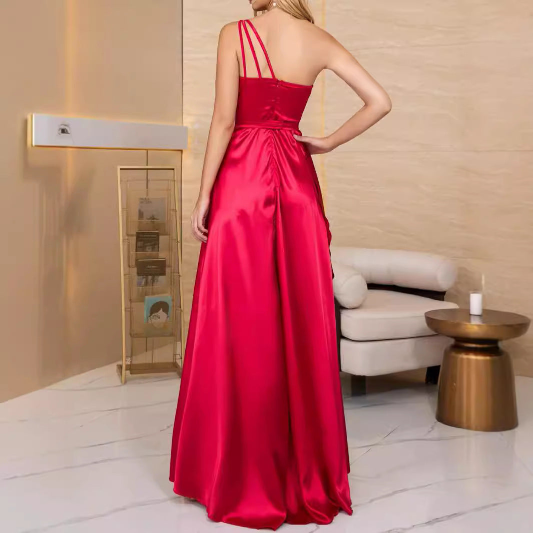One-Shoulder Maxi Gown with Belted Waist and Slit