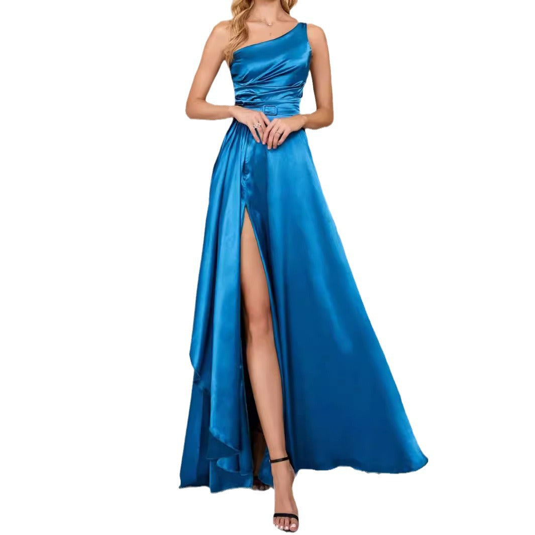 One-Shoulder Maxi Gown with Belted Waist and Slit