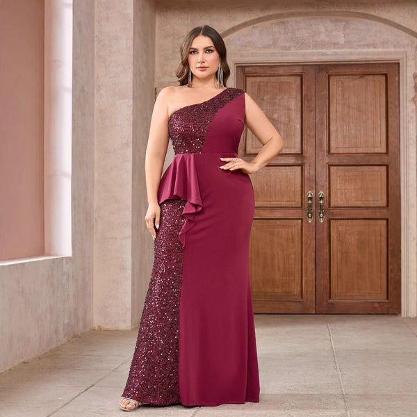 Sheath Long Dress with One-Shoulder and Sequin Panel