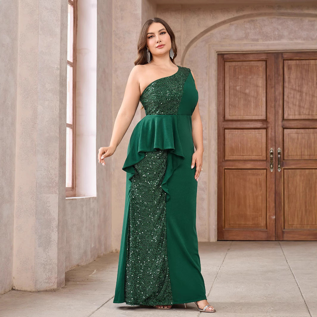 Sheath Long Dress with One-Shoulder and Sequin Panel