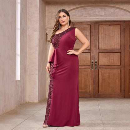 Sheath Long Dress with One-Shoulder and Sequin Panel