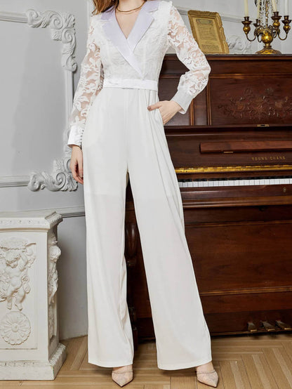 Wide-Leg Jumpsuit with Lace Sleeves and Lapel Collar