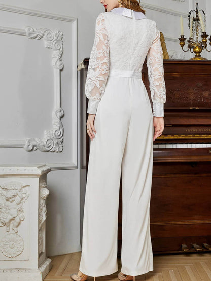 Wide-Leg Jumpsuit with Lace Sleeves and Lapel Collar