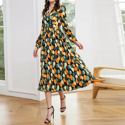 Leaf Print A-Line Midi Dress with V-Neck and Long Sleeves
