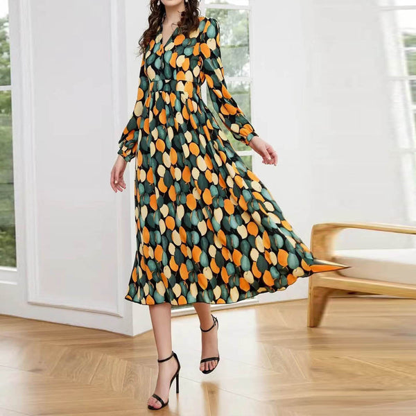 Leaf Print A-Line Midi Dress with V-Neck and Long Sleeves
