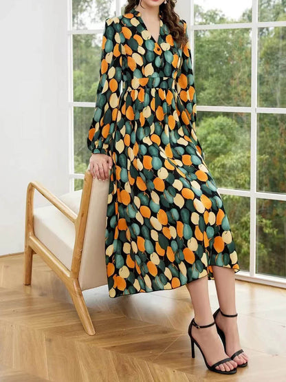 Leaf Print A-Line Midi Dress with V-Neck and Long Sleeves