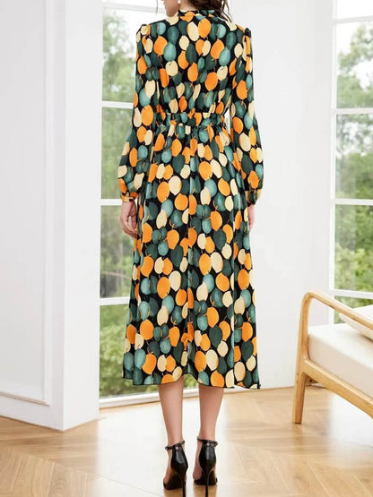 Leaf Print A-Line Midi Dress with V-Neck and Long Sleeves