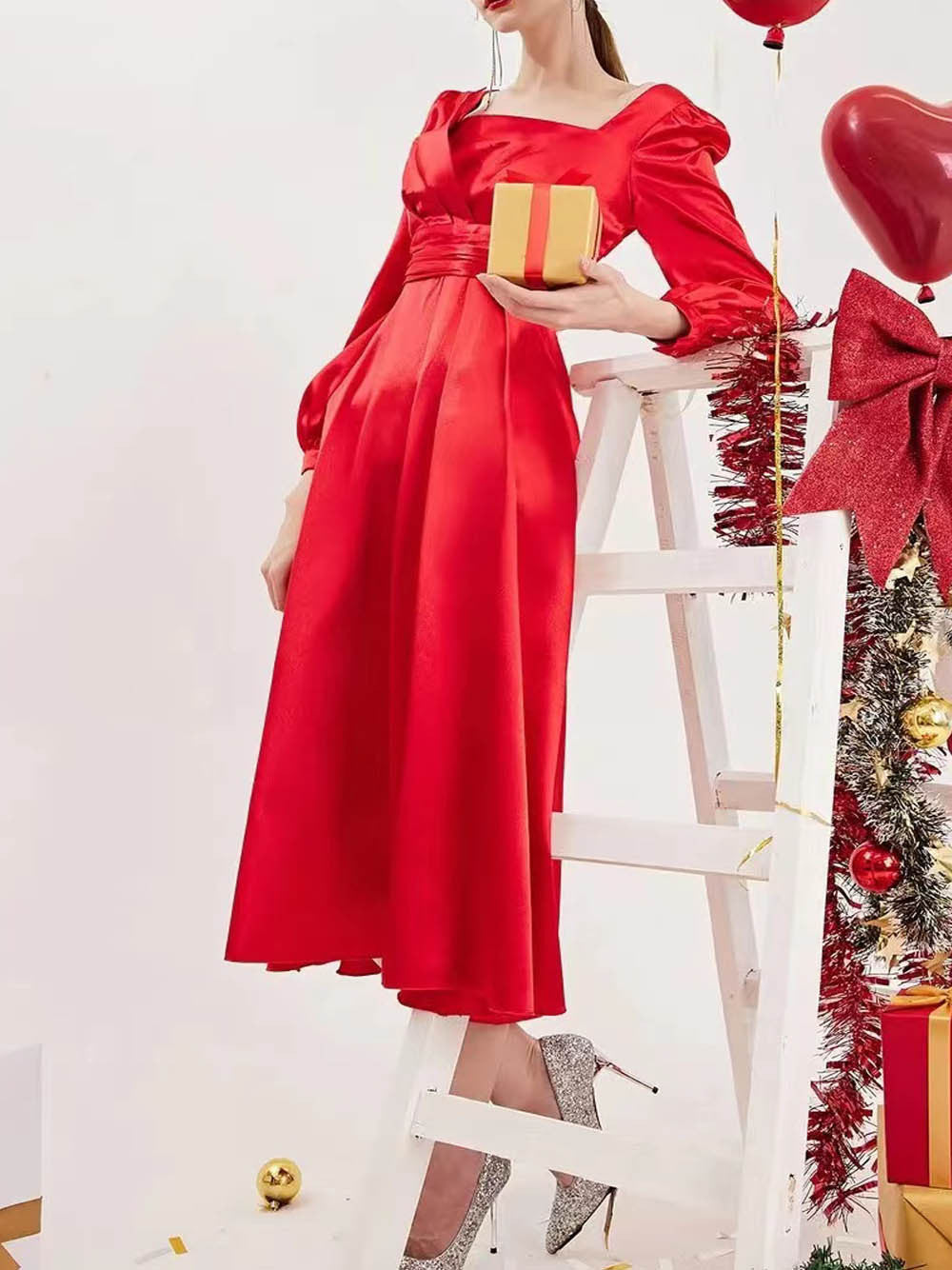 Satin A-Line Midi Dress with Square Neck and Long Puff Sleeves