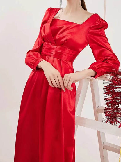 Satin A-Line Midi Dress with Square Neck and Long Puff Sleeves