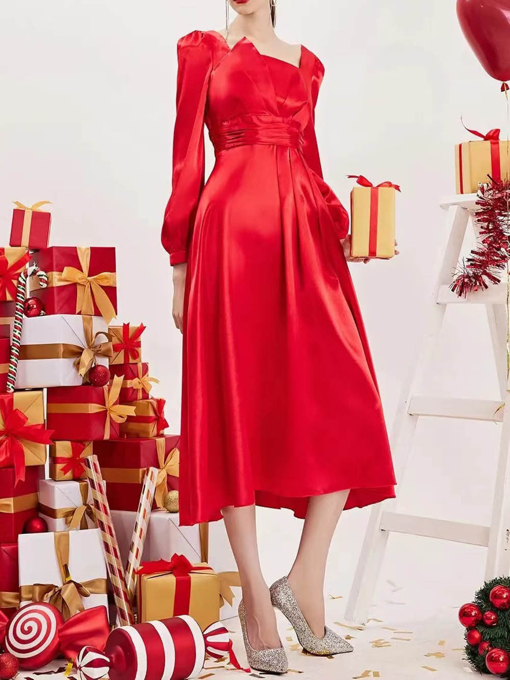 Satin A-Line Midi Dress with Square Neck and Long Puff Sleeves