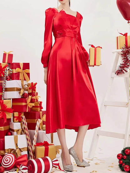 Satin A-Line Midi Dress with Square Neck and Long Puff Sleeves