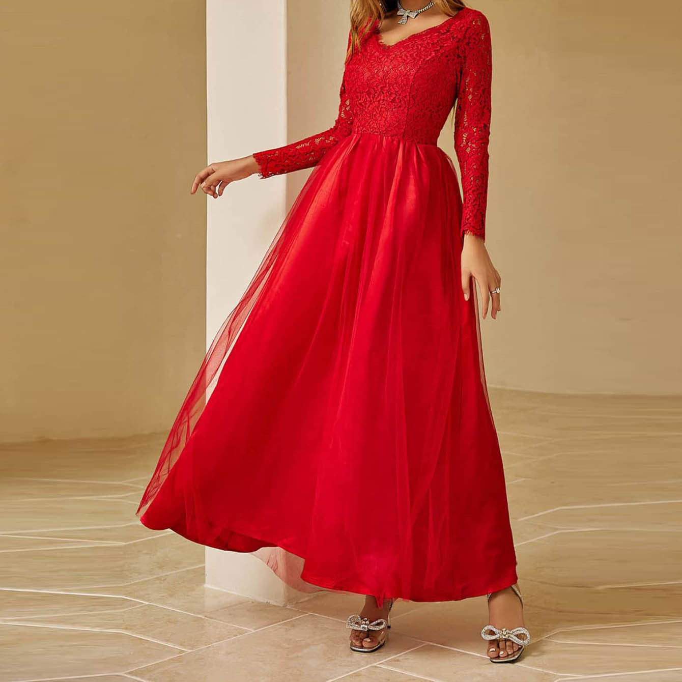 Red Maxi Dress with Lace Long Sleeves and Tulle Skirt