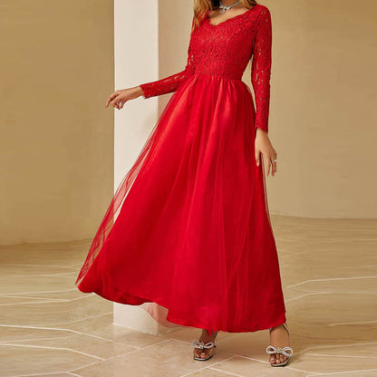 Red Maxi Dress with Lace Long Sleeves and Tulle Skirt