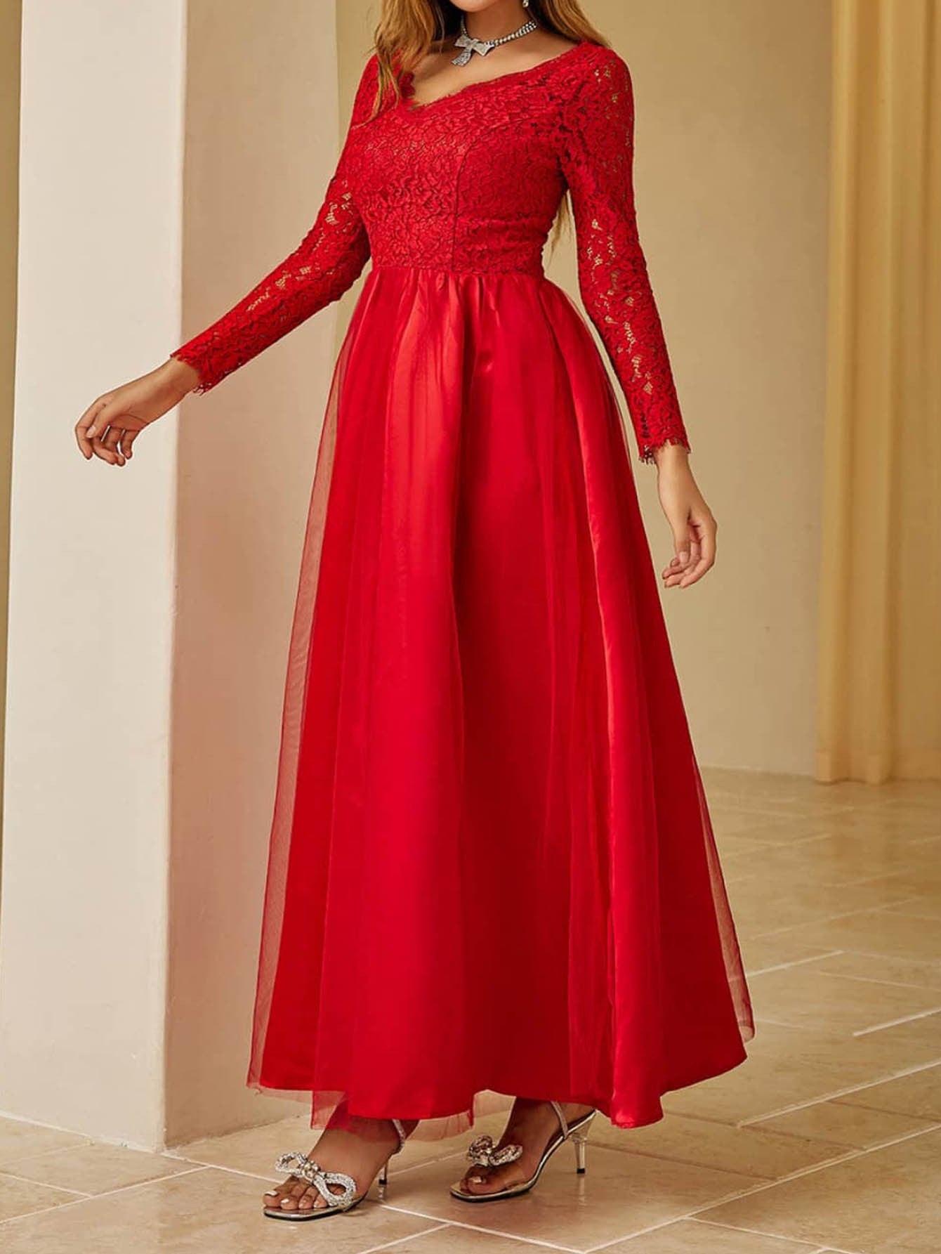 Red Maxi Dress with Lace Long Sleeves and Tulle Skirt