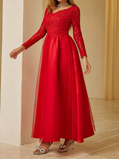 Red Maxi Dress with Lace Long Sleeves and Tulle Skirt