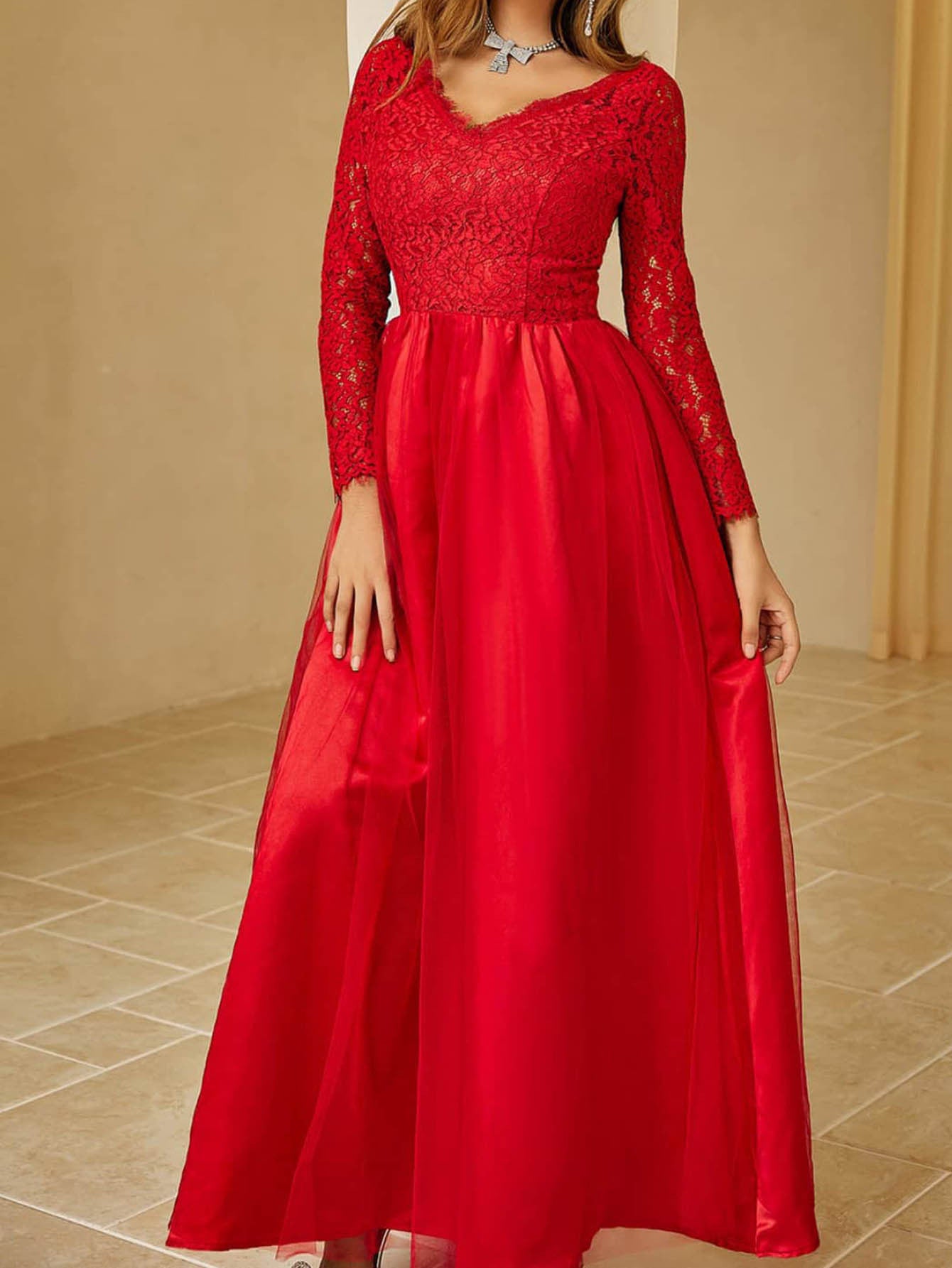 Red Maxi Dress with Lace Long Sleeves and Tulle Skirt