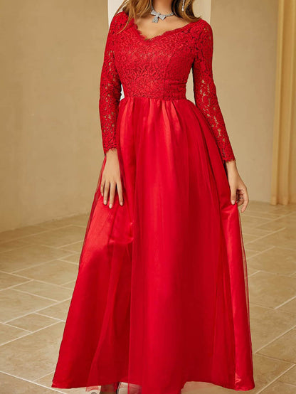 Red Maxi Dress with Lace Long Sleeves and Tulle Skirt