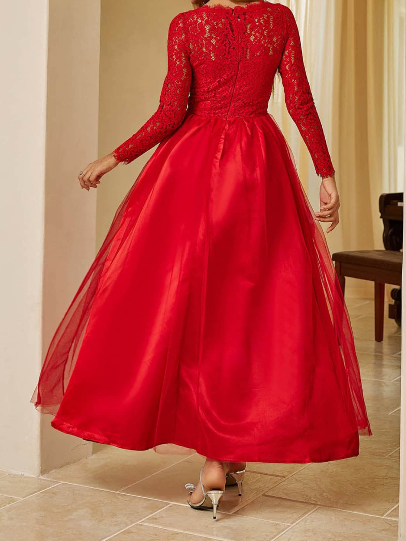 Red Maxi Dress with Lace Long Sleeves and Tulle Skirt