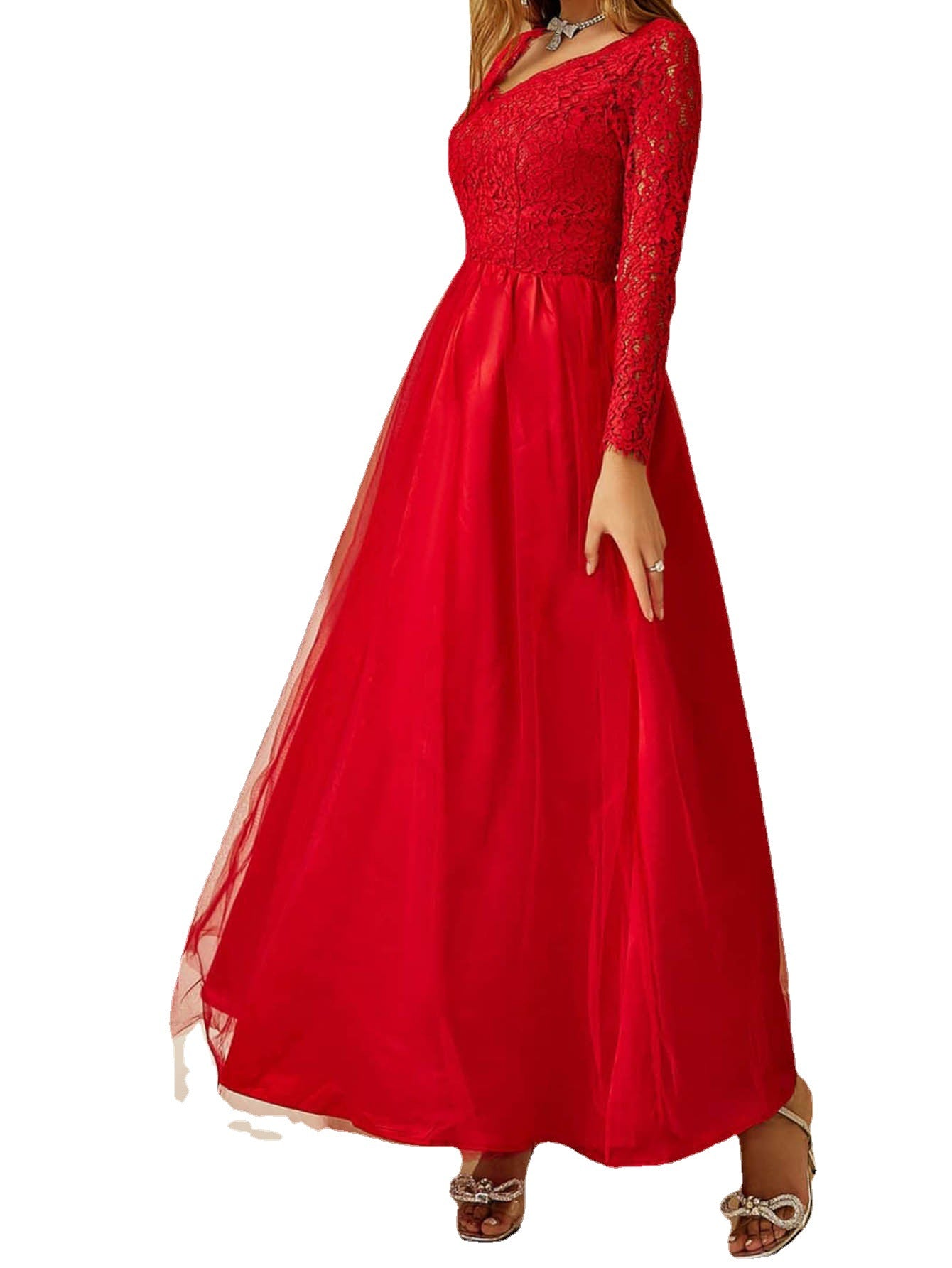 Red Maxi Dress with Lace Long Sleeves and Tulle Skirt