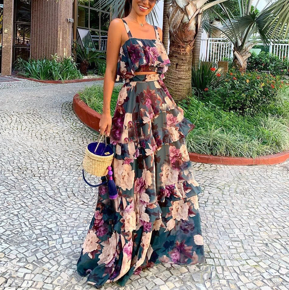 Floral Chiffon Two-Piece Set with Ruffle Crop Top & Tiered Maxi Skirt