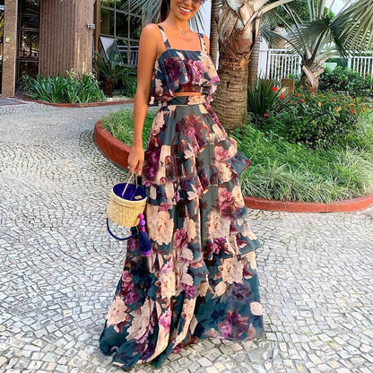 Floral Chiffon Two-Piece Set with Ruffle Crop Top & Tiered Maxi Skirt