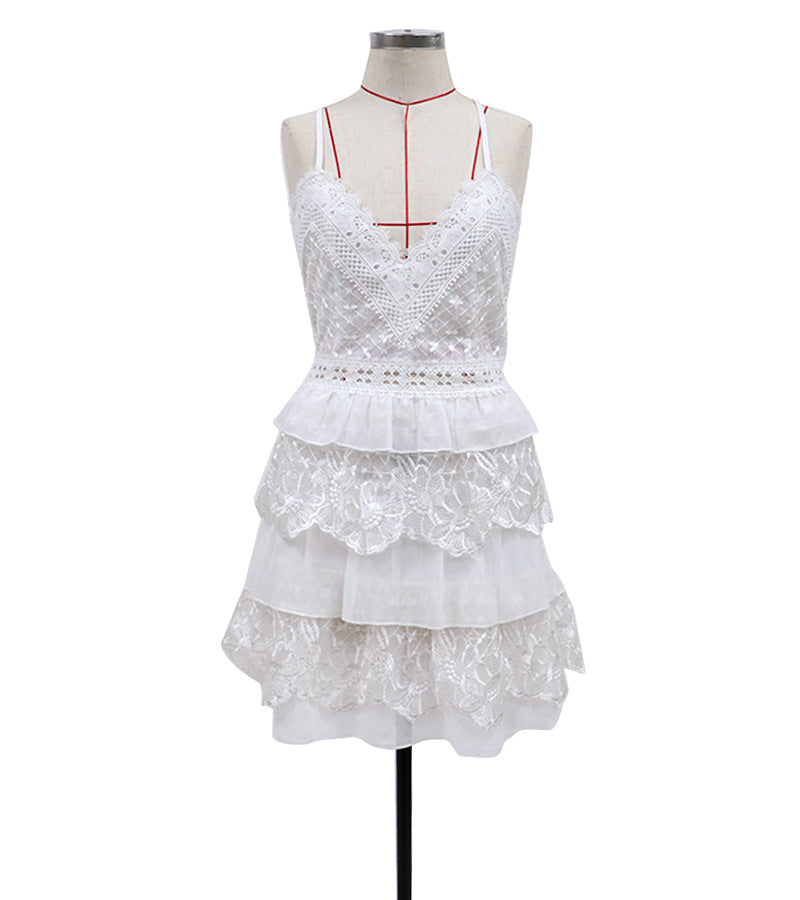 Ruffled Mini Dress with Lace Bodice and Criss-Cross Back