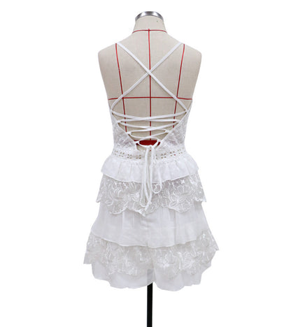 Ruffled Mini Dress with Lace Bodice and Criss-Cross Back