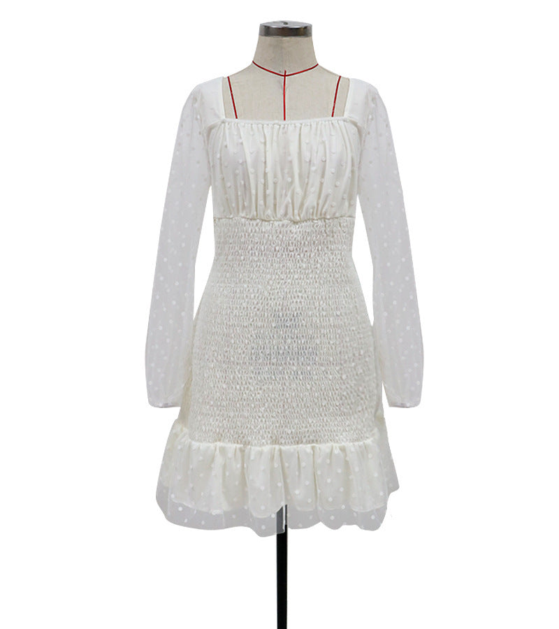 Shirred Bodycon Mini Dress with Square Neck and Dotted Sheer Sleeves