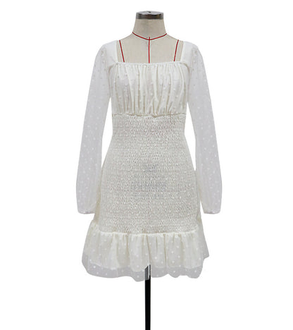 Shirred Bodycon Mini Dress with Square Neck and Dotted Sheer Sleeves