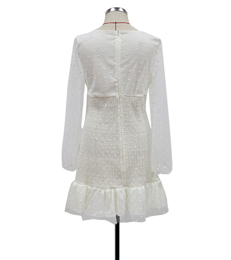 Shirred Bodycon Mini Dress with Square Neck and Dotted Sheer Sleeves