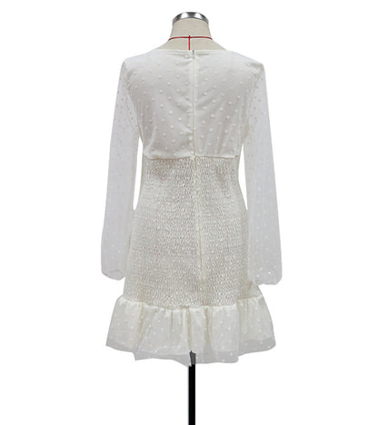 Shirred Bodycon Mini Dress with Square Neck and Dotted Sheer Sleeves