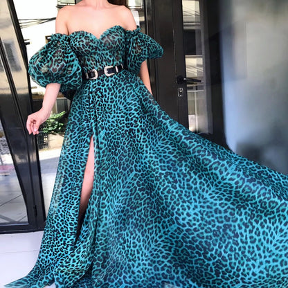 Teal Leopard Print Maxi Dress with Off-Shoulder Puff Sleeves