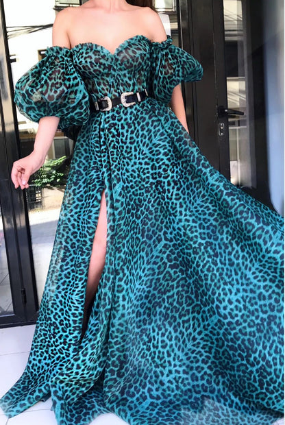 Teal Leopard Print Maxi Dress with Off-Shoulder Puff Sleeves