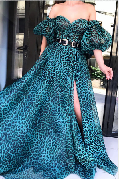 Teal Leopard Print Maxi Dress with Off-Shoulder Puff Sleeves