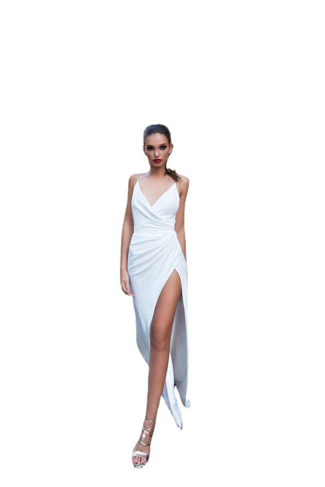 Solid V-Neck Maxi Dress with Wrap-Front and High Slit