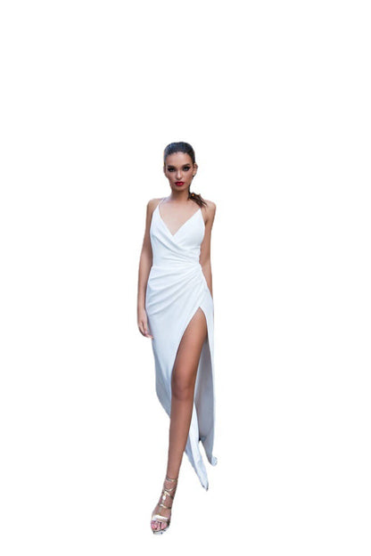 Solid V-Neck Maxi Dress with Wrap-Front and High Slit