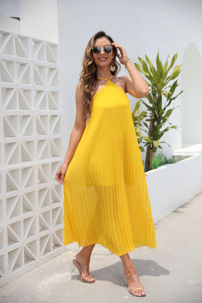 Relaxed Pleated Midi Dress with Halter Neck