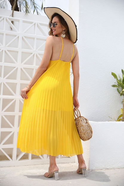 Relaxed Pleated Midi Dress with Halter Neck