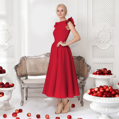 A-Line Midi Dress with Ruffled Shoulders