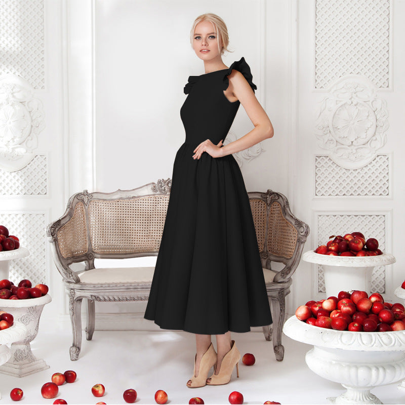 A-Line Midi Dress with Ruffled Shoulders